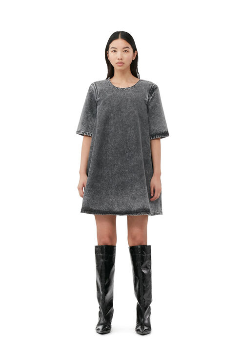 Shop Ganni Black Short Sleeve Snow Washed Denim A-line Mini Dress Size 14 Organic Cotton Women's