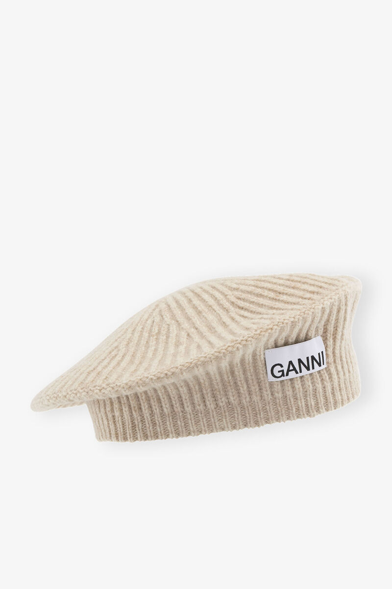 Wool Rib Knit Beret, Recycled Polyamide, in colour Brazilian Sand - 1 - GANNI