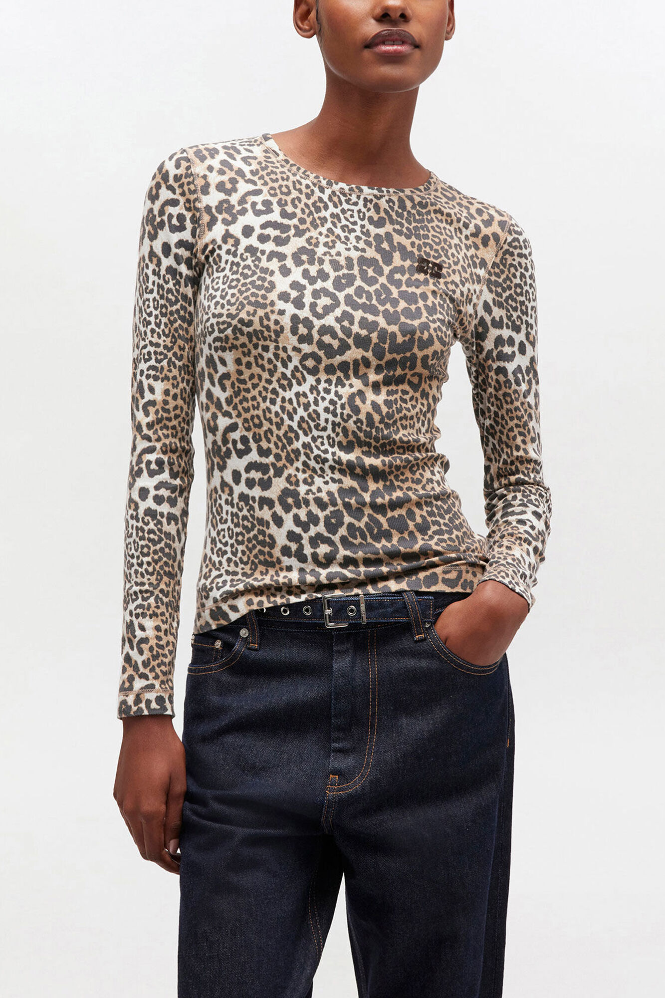 Leopard Rib Long-sleeve, Organic Cotton, in colour Leopard - 2 - GANNI