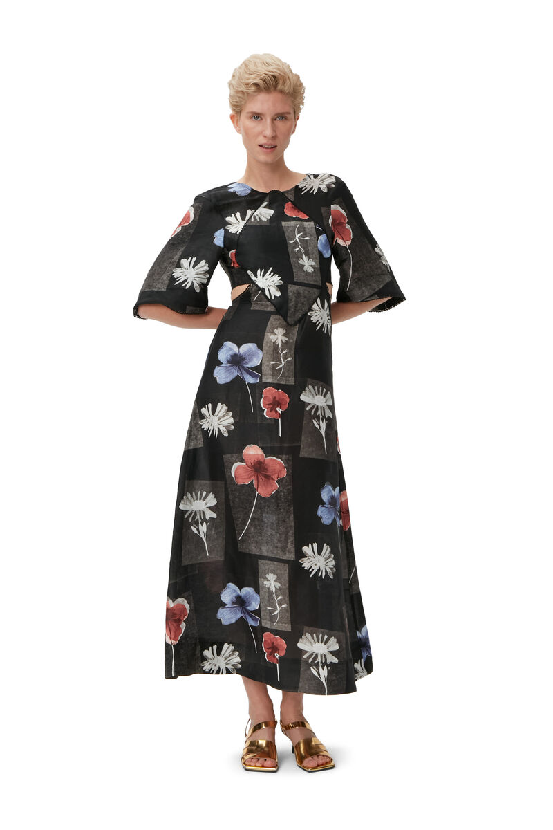 Robe longue, Linen, in colour Flowers Black - 1 - GANNI