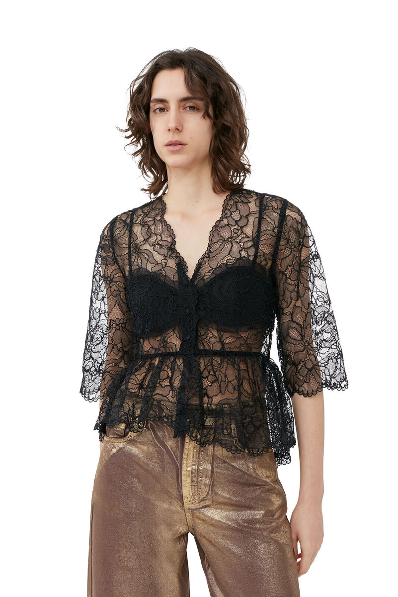 Black Light Lace V-neck-bluse, Organic Cotton, in colour Black - 1 - GANNI