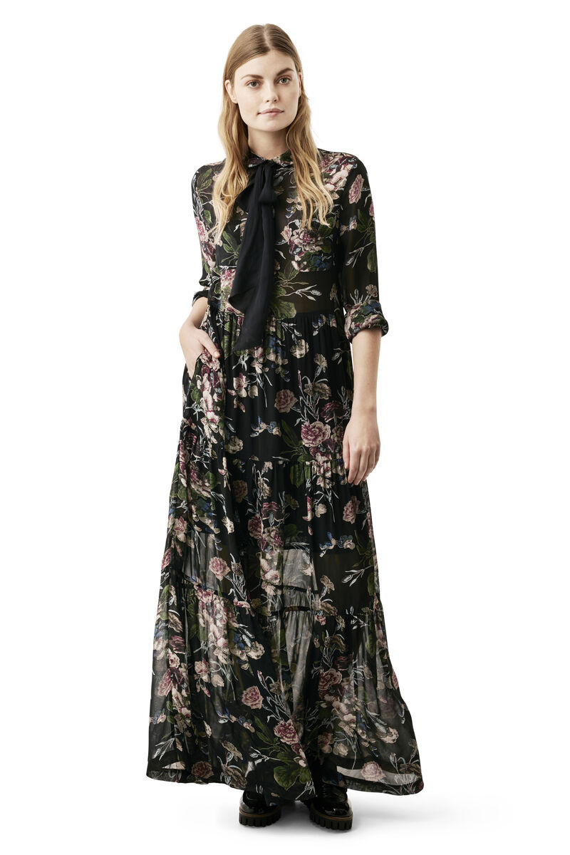 Bartlett Georgette Maxi Dress, in colour Black Bouquet - 1 - GANNI