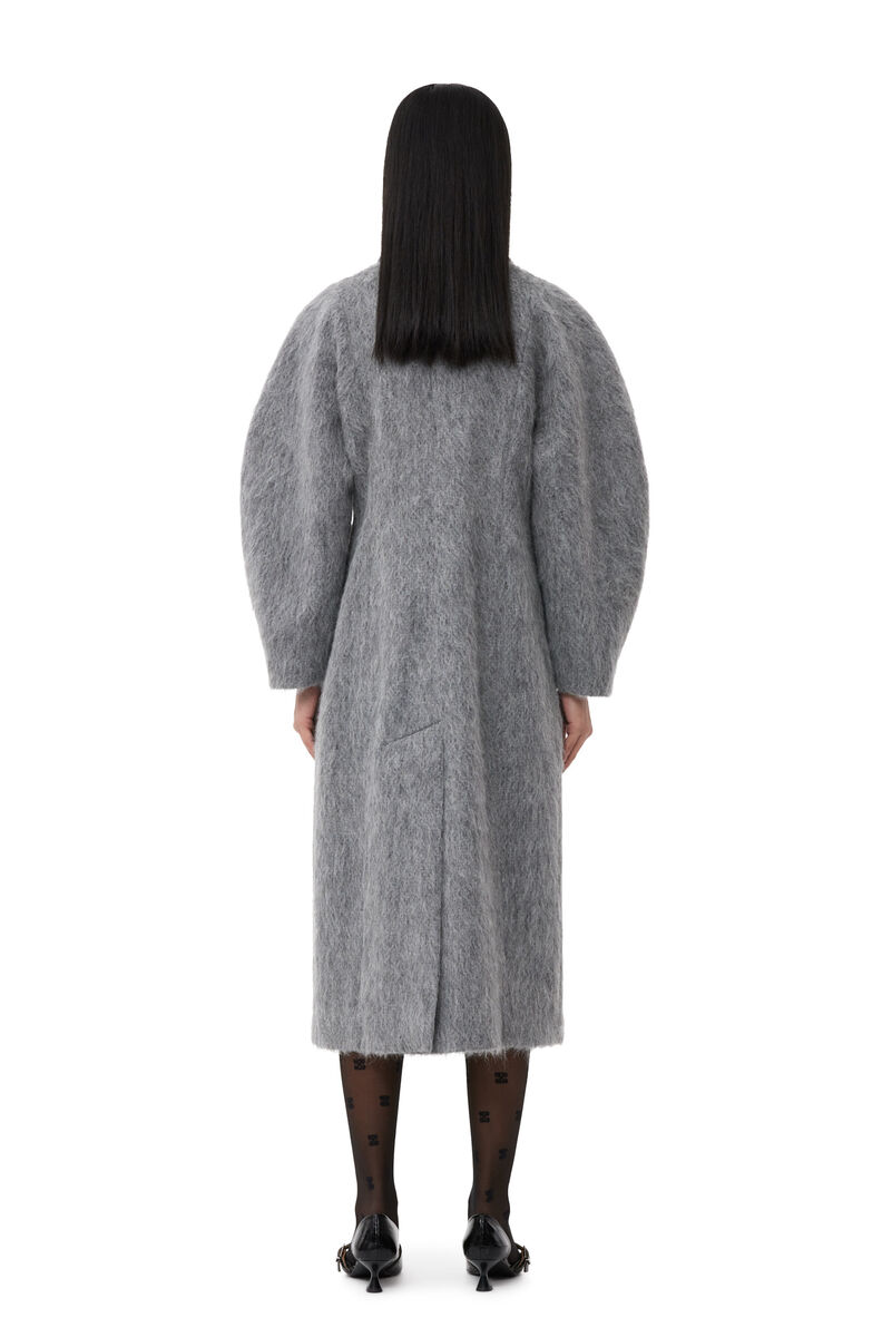 Grey Fluffy Wool Curved Sleeves Frakke, Alpaca, in colour Frost Gray - 3 - GANNI