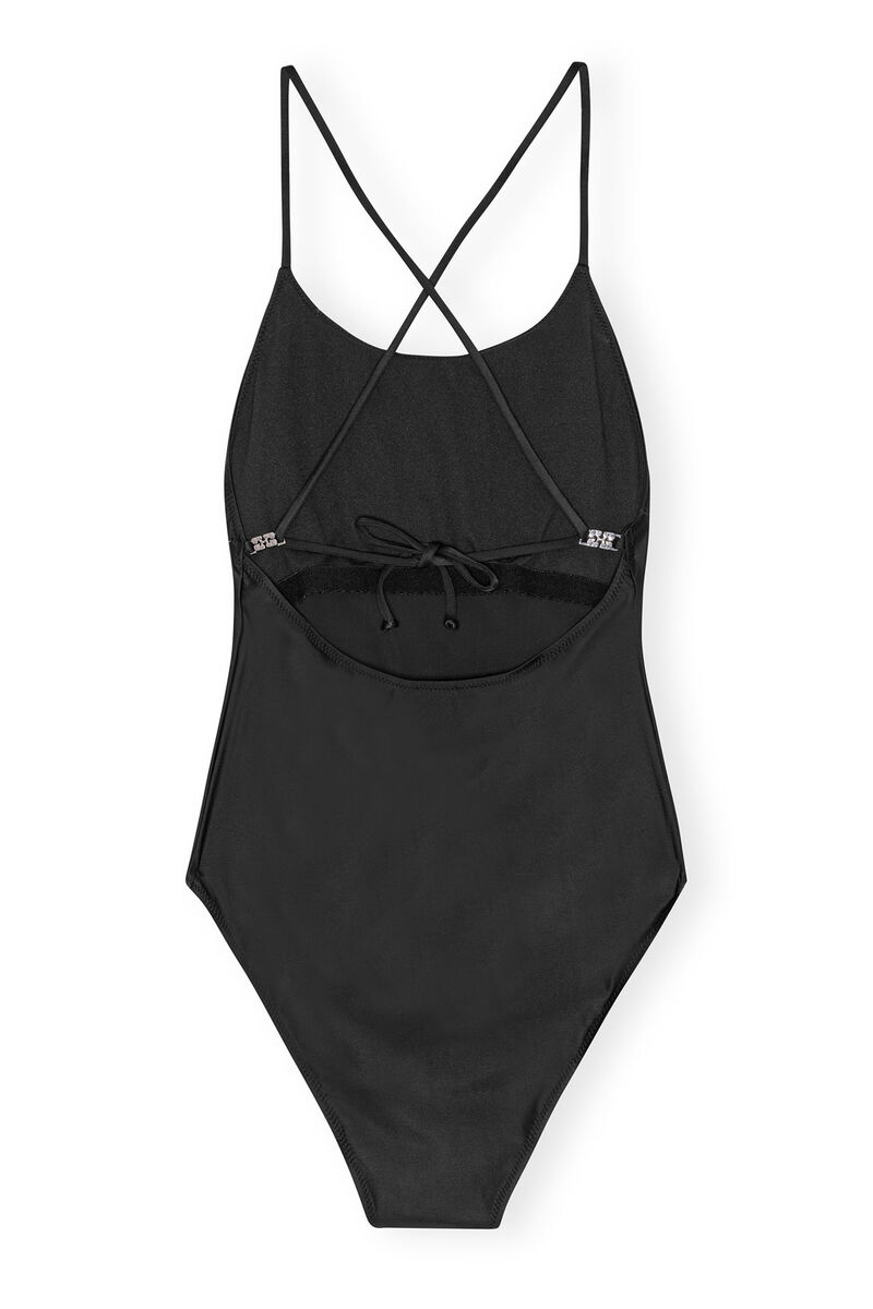 Black Recycled Tie String Swimsuit, Elastane, in colour Black - 2 - GANNI