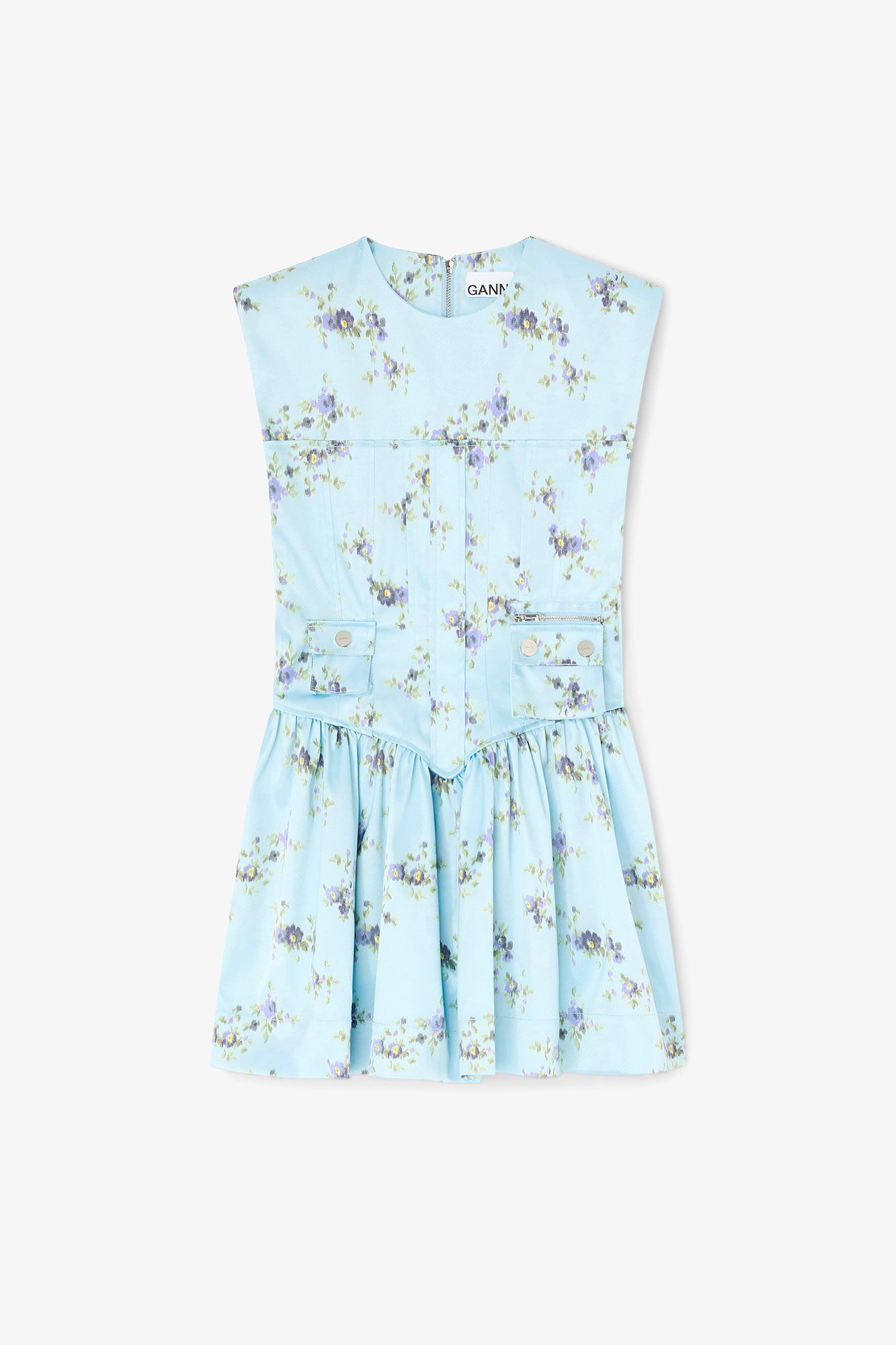 Dress in Printed Satin, Recycled Polyester, in colour Iced Aqua - 1 - GANNI