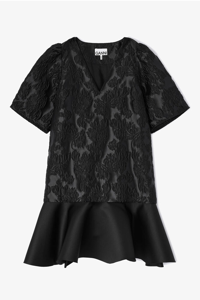 Satin Cloque Mini Dress, Jet Black