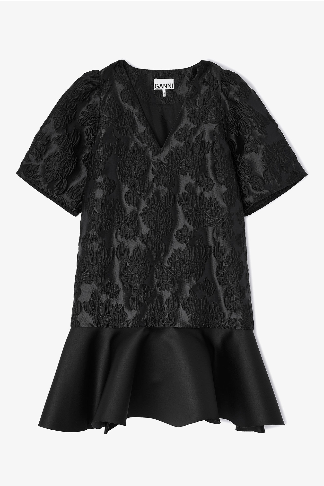 Satin Cloque Mini Dress, in colour Jet Black - 1 - GANNI