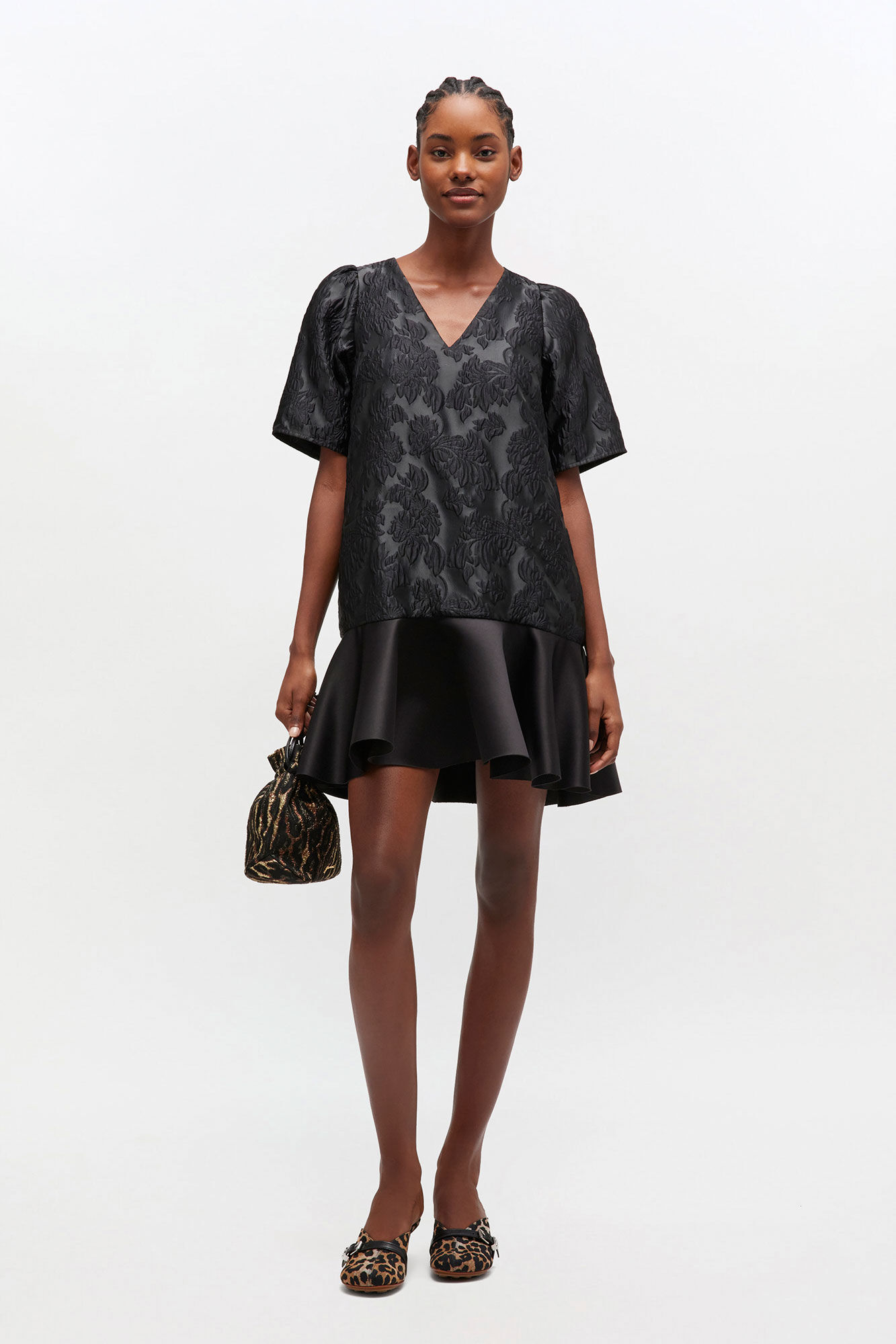 Satin Cloque Mini Dress, in colour Jet Black - 1 - GANNI