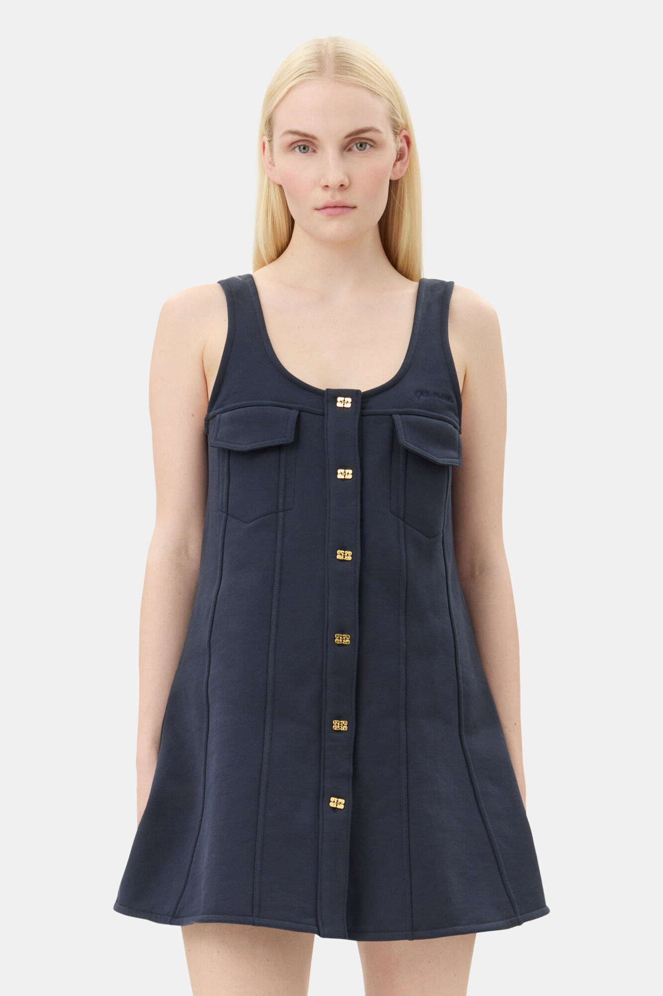 Dark Blue Mini Dress, Cotton, in colour Sky Captain - 2 - GANNI