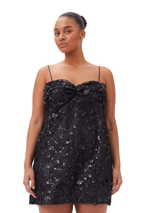 Black Sequins Lace Mini klänning, Recycled Polyester, in colour Black - 6 - GANNI