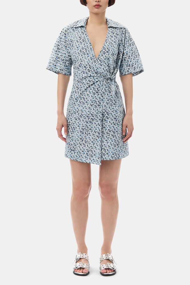 Mini-Wickelkleid aus Baumwolle mit blauem floralem Print, Glacier Lake