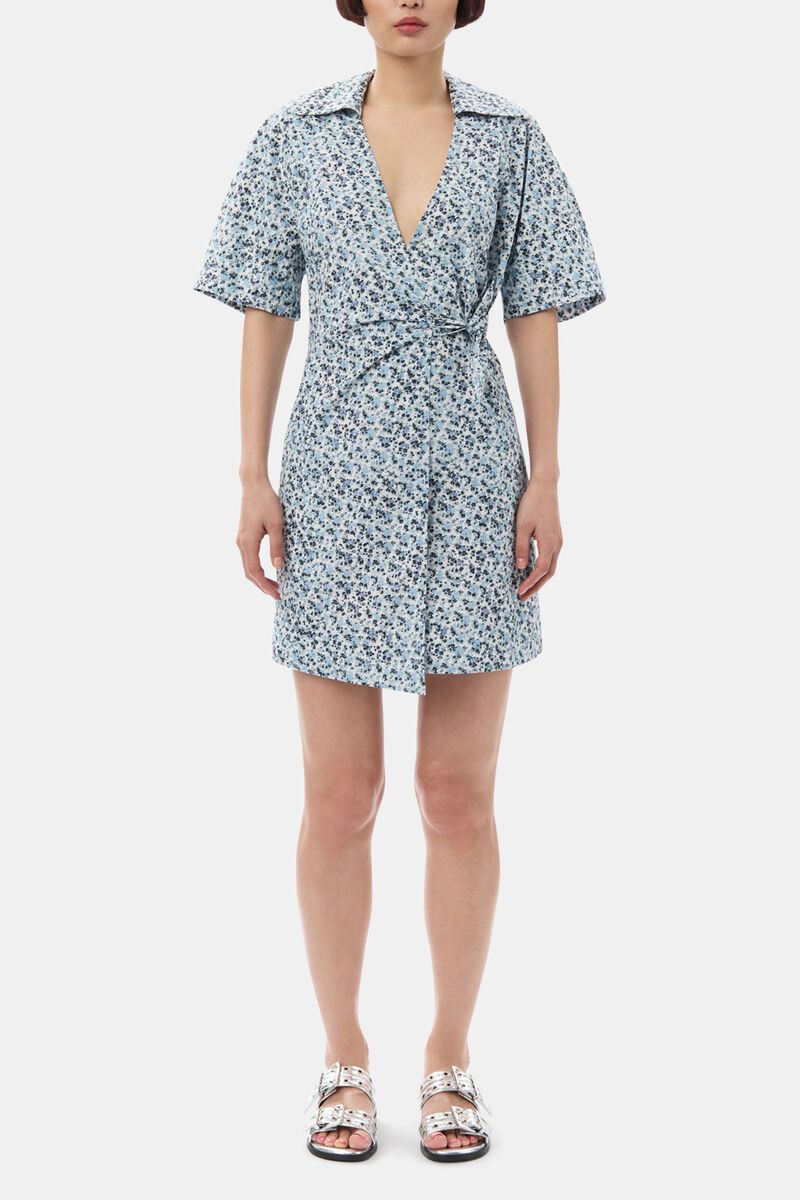 Blue Floral Printed Cotton Wrap Mini Dress, Organic Cotton, in colour Glacier Lake - 1 - GANNI