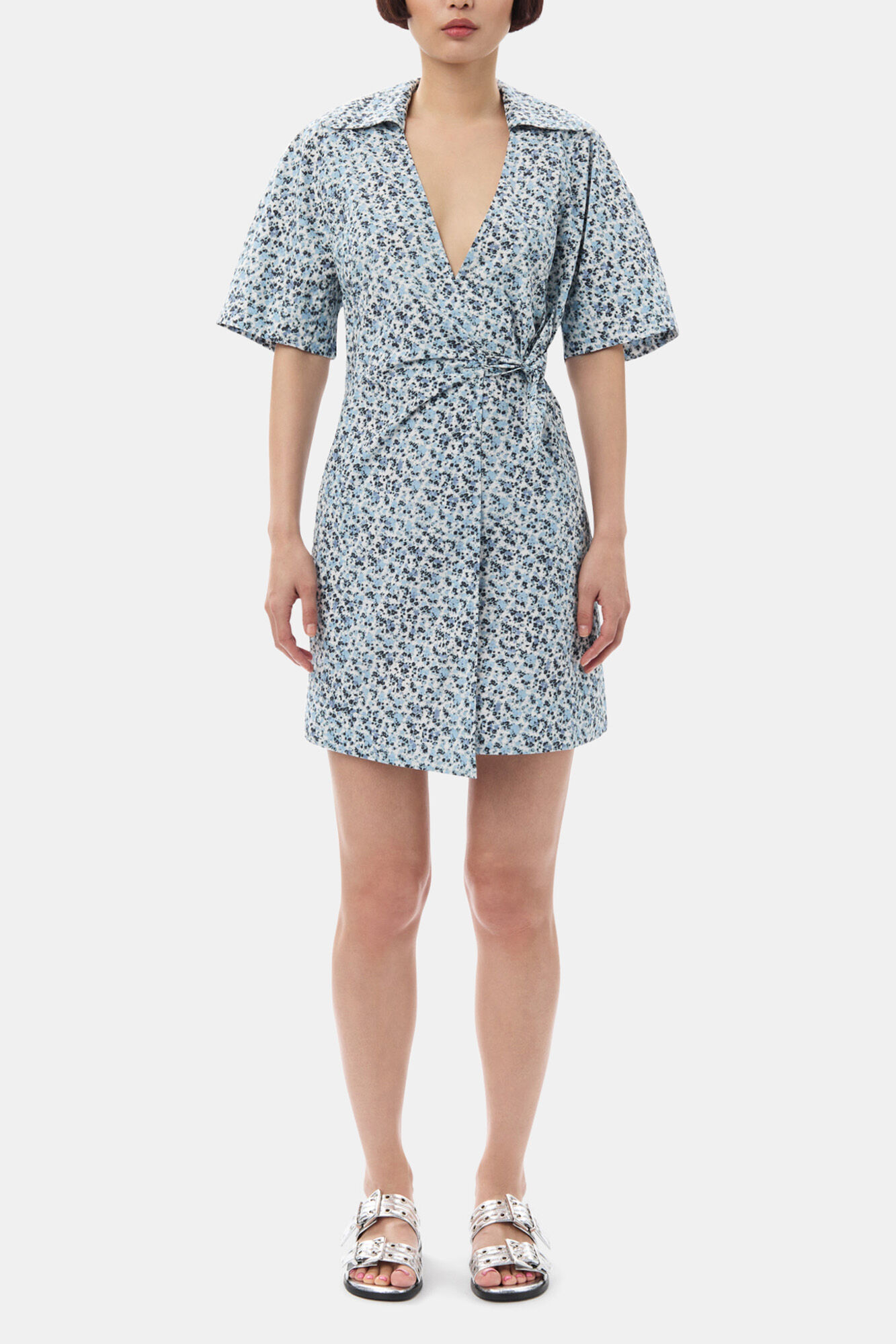 Blue Floral Printed Cotton Wrap Mini Dress, Organic Cotton, in colour Glacier Lake - 1 - GANNI