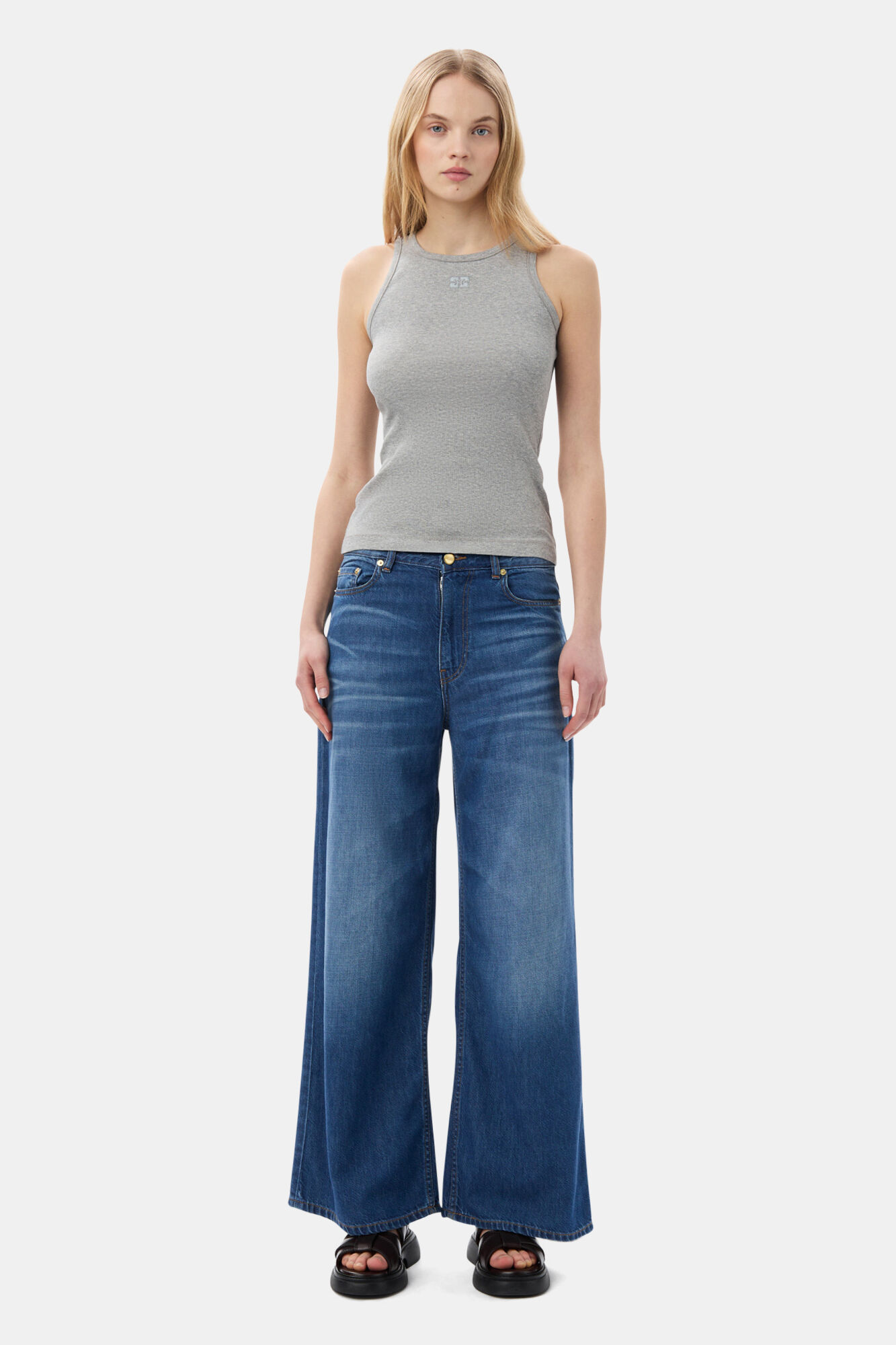 Grey Soft Cotton Rib Tank Top, Elastane, in colour Paloma Melange - 2 - GANNI