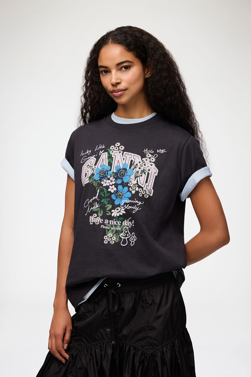 T-shirt with Flowers, Organic Cotton, in colour Phantom - 1 - GANNI