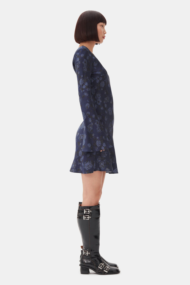Robe Dark Blue Floral Printed Mini, Spandex, in colour Peacoat - 3 - GANNI