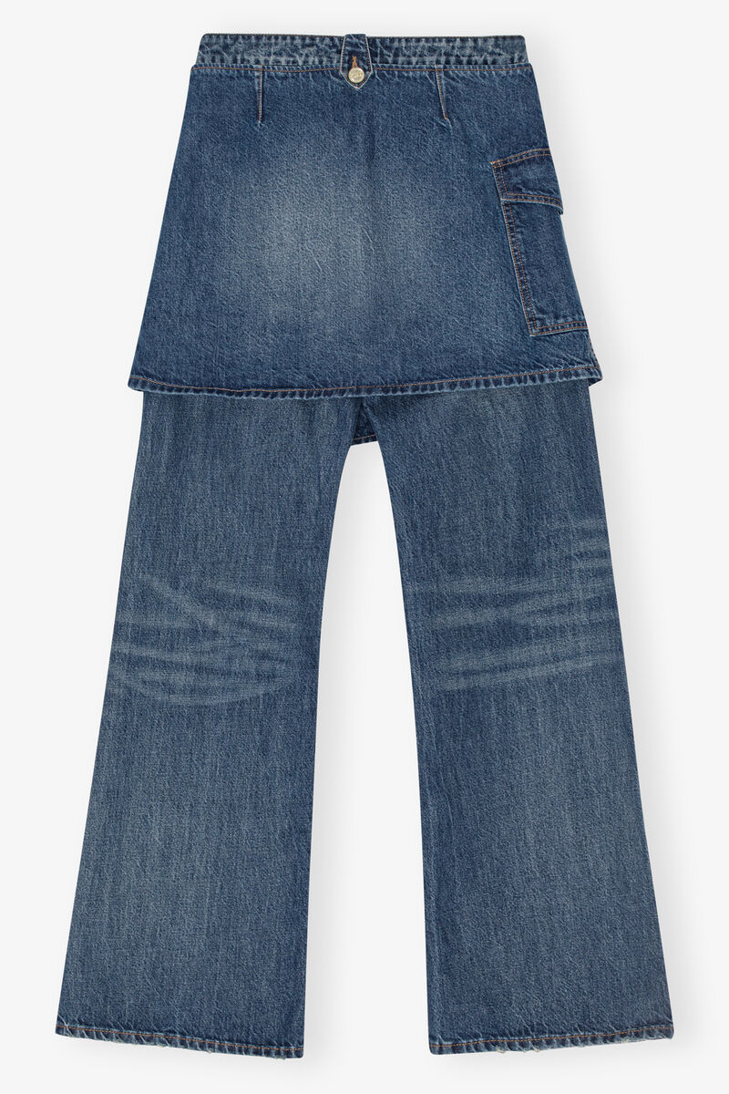 Dark Blue Heavy Washed Flared Skirt Jeans, Cotton, in colour Mid Blue Vintage - 2 - GANNI