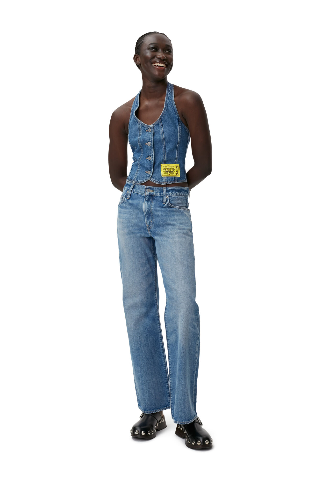 Halterneck Top, Cotton, in colour Light Indigo - 5 - GANNI