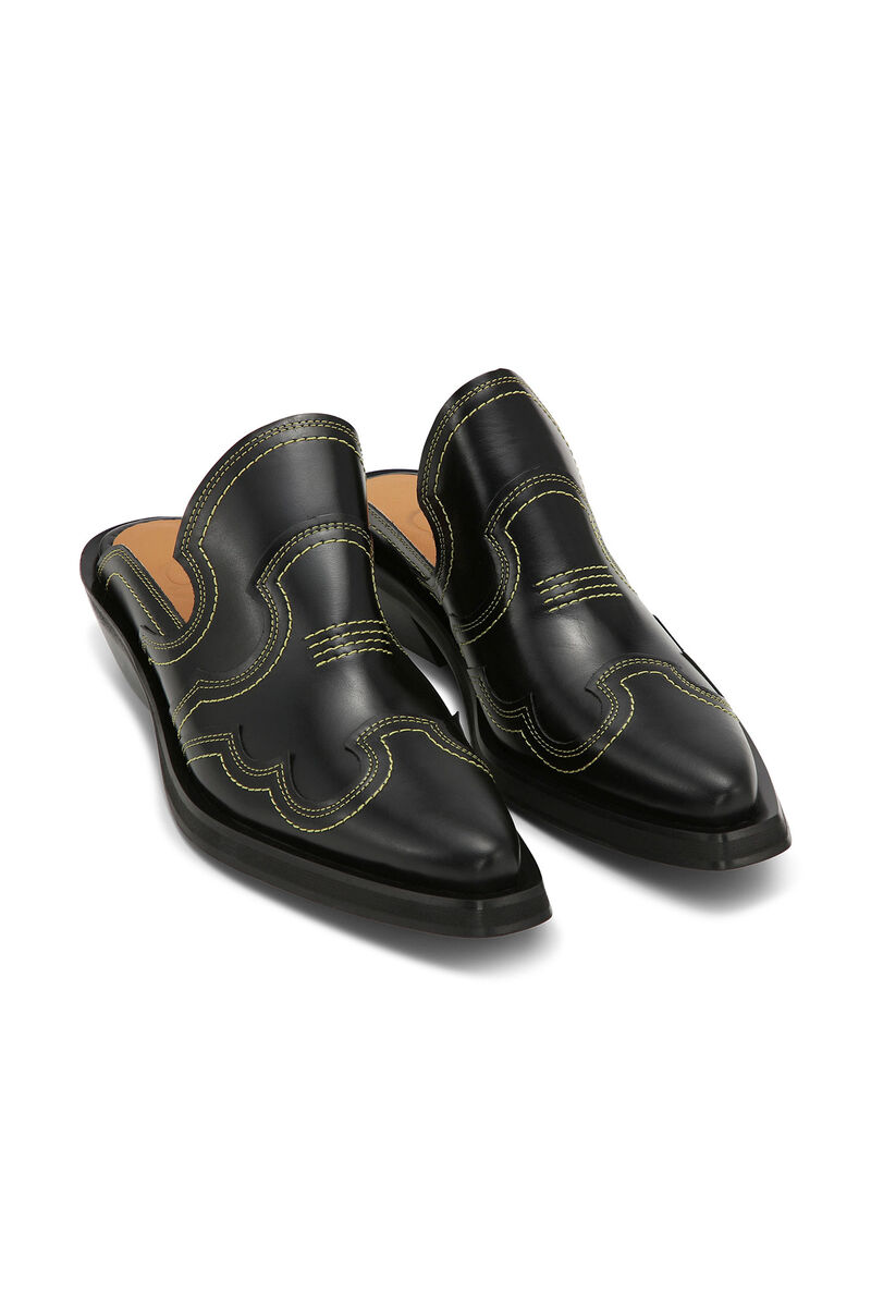 Embroidered Western Mules, Calf Leather, in colour Black/Yellow - 3 - GANNI