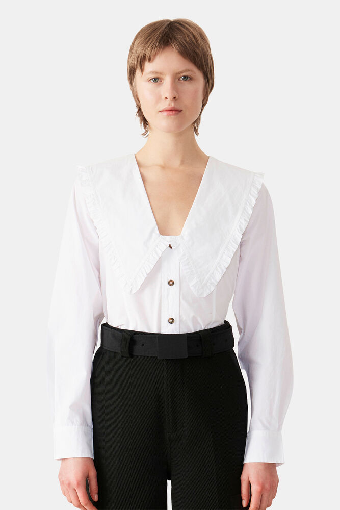Cotton Poplin Frill Skjorta, Bright White