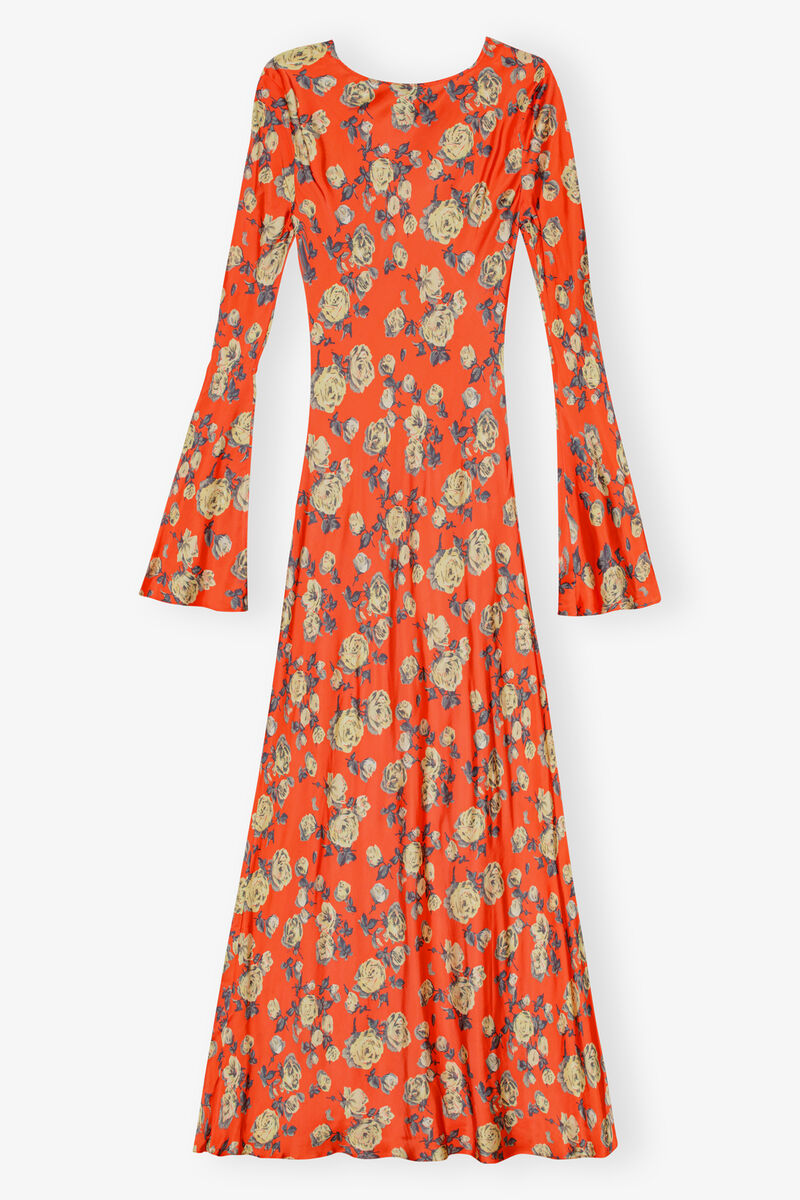Robe Orange Floral Printed Satin Maxi, Spandex, in colour Poinciana - 2 - GANNI