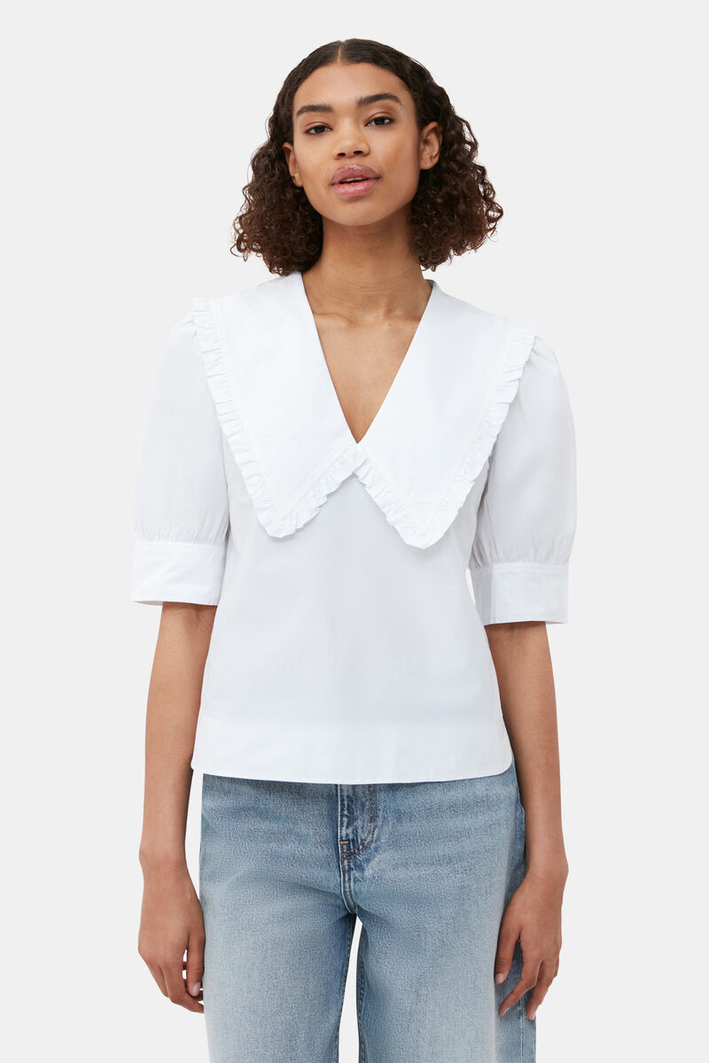 White Cotton Poplin V-neck Ruffle Blouse, Organic Cotton, in colour Bright White - 1 - GANNI