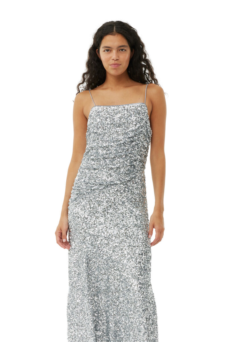3D Sequins Long Slip Dress, Elastane, in colour Silver - 2 - GANNI