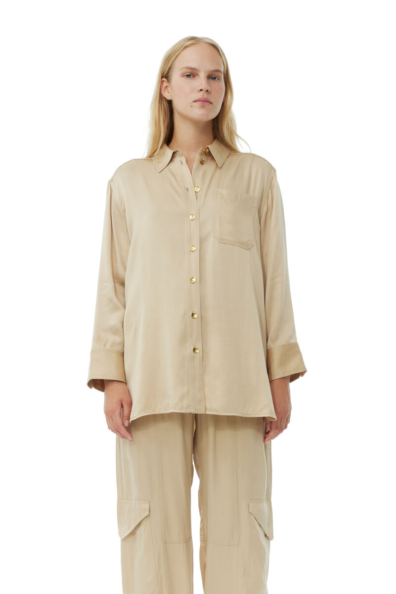 Beige Washed Satin Shirt, Cupro, in colour Safari - 1 - GANNI