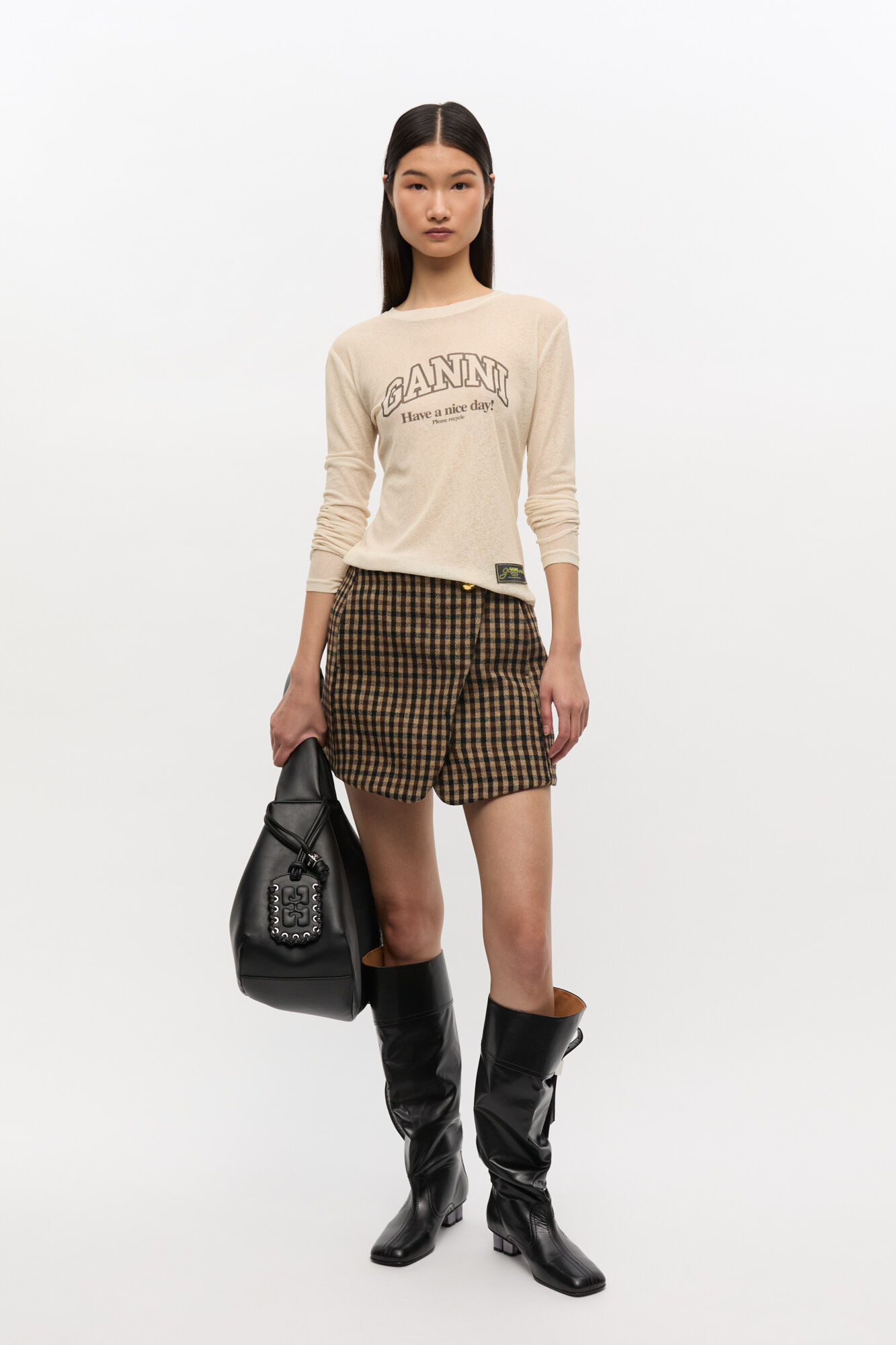 Printed Marl Mesh Long Sleeve Top, Recycled Polyester, in colour Egret - 2 - GANNI