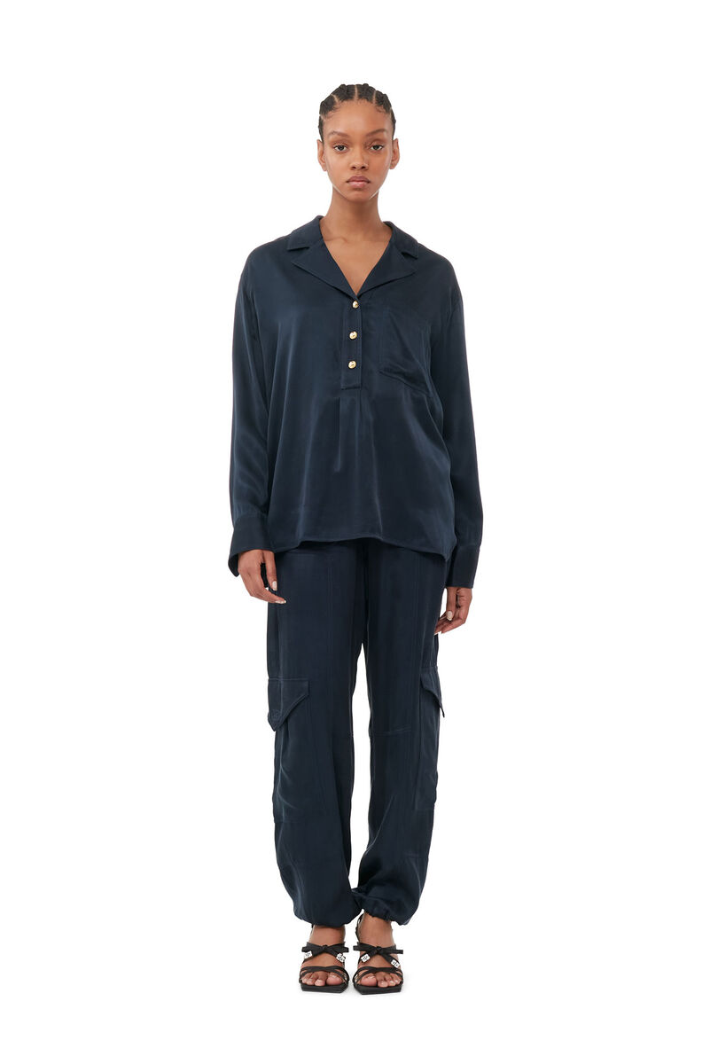Blue Washed Twill Satin Oversized Shirt, Cupro, in colour Sky Captain - 1 - GANNI
