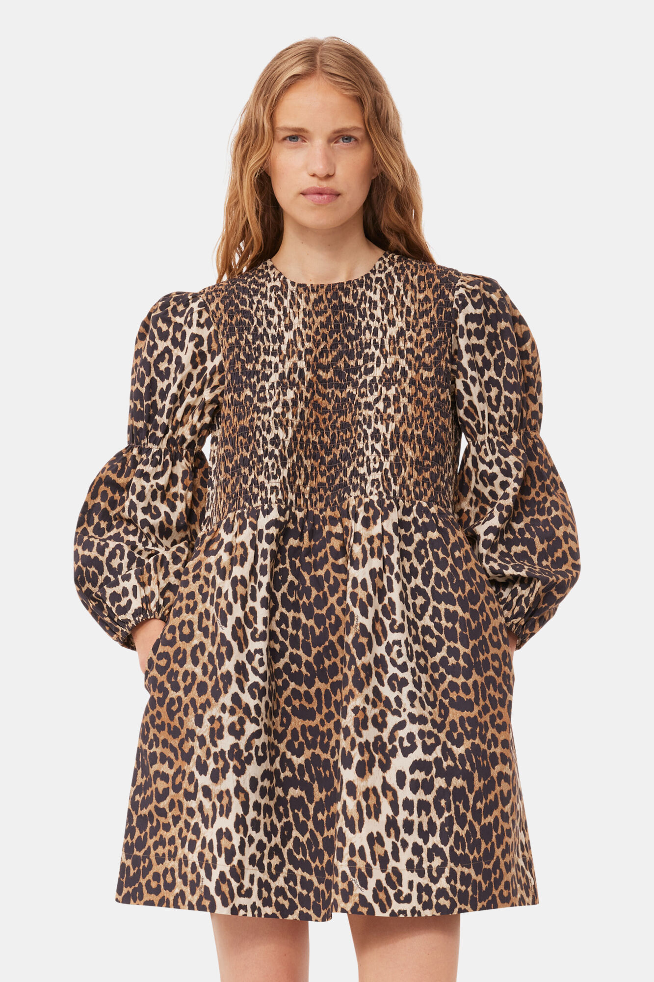 Leopard Cotton Poplin Smock Mini Dress, Cotton, in colour Leopard - 4 - GANNI