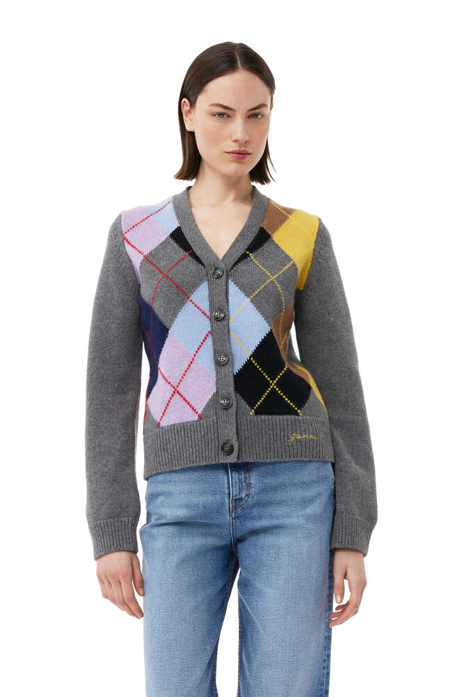 가니 가디건 GANNI Harlequin Wool Mix Knit Cardigan,Frost Gray