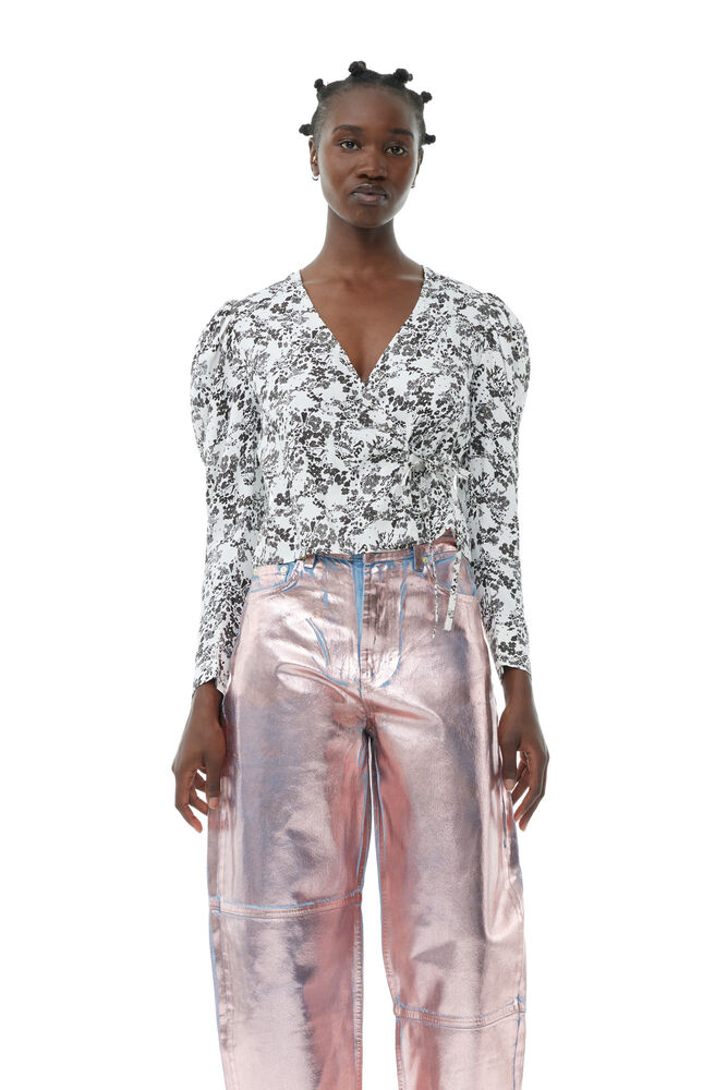Floral Twill Wrap Blouse, Egret