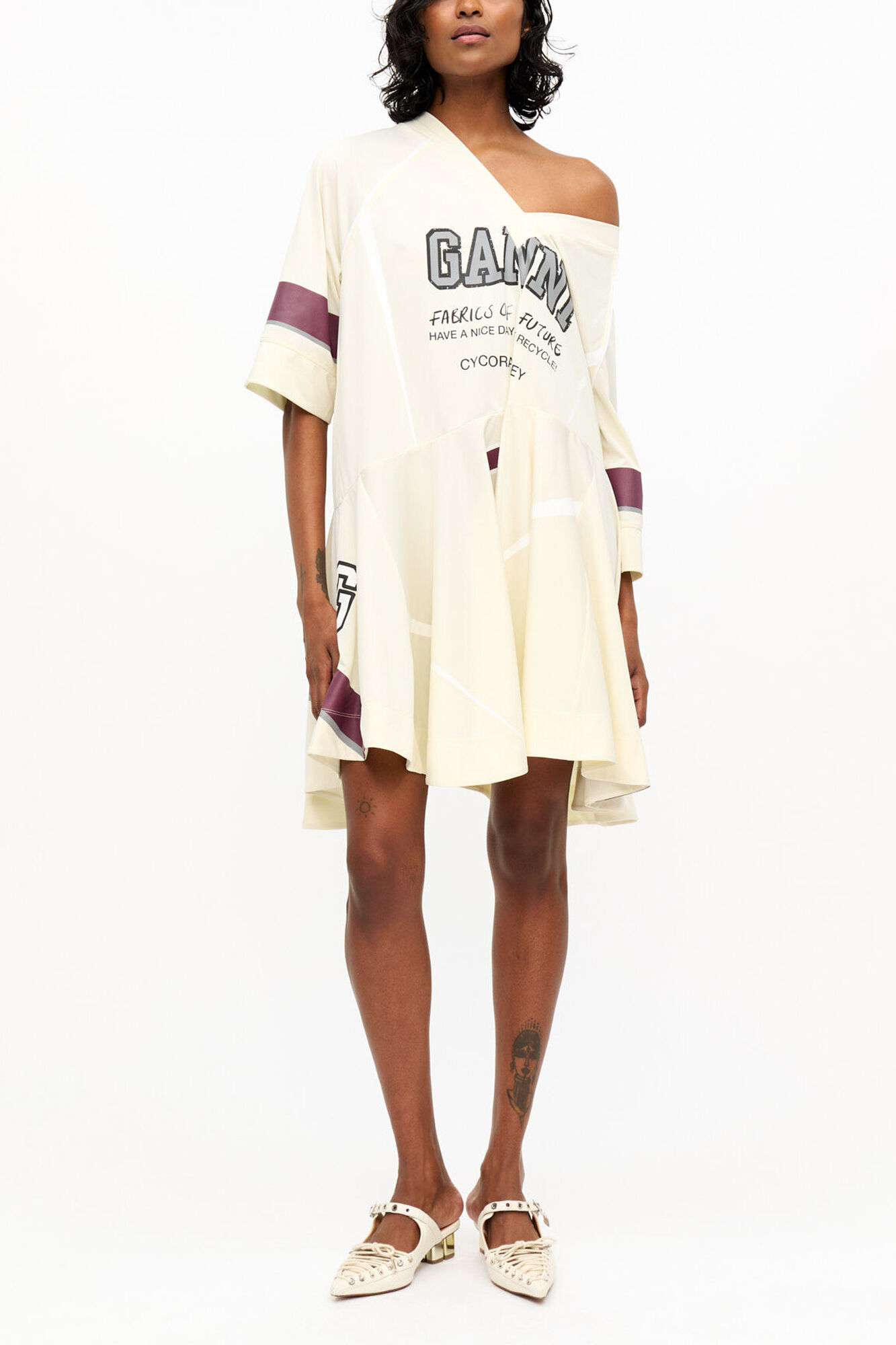 Ivory GANNI League Oversized Mini Dress, Recycled Polyester, in colour Antique White - 1 - GANNI