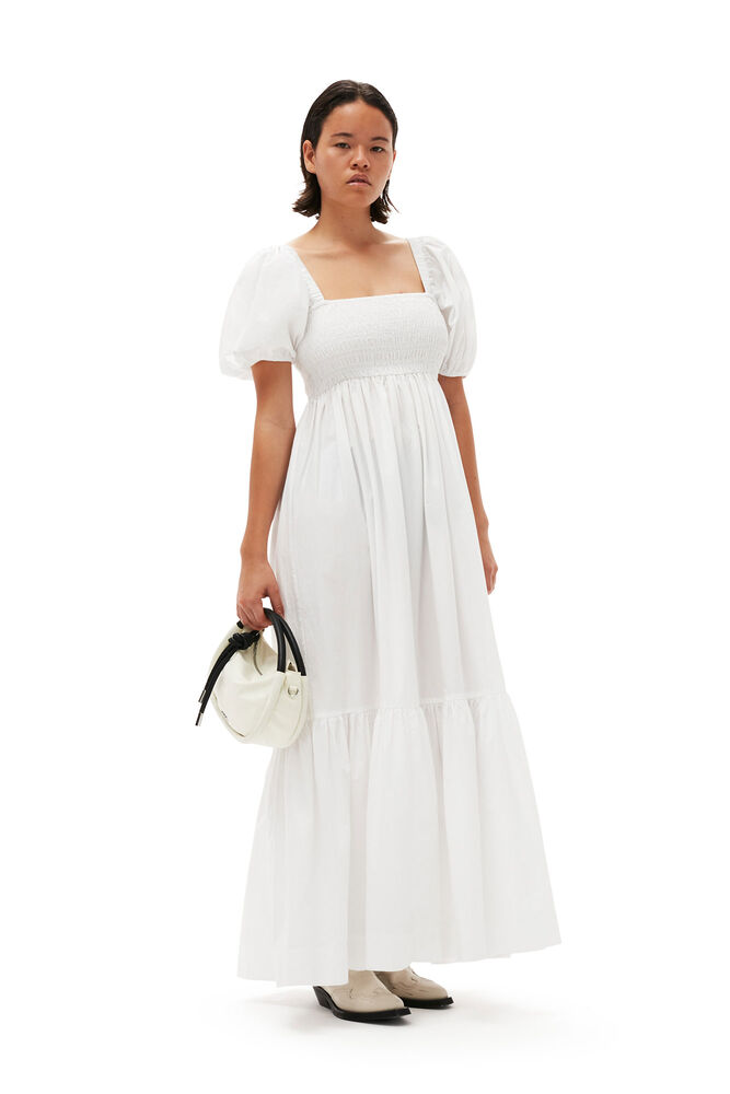 Cotton Poplin Smock Maxi Dress, Bright White