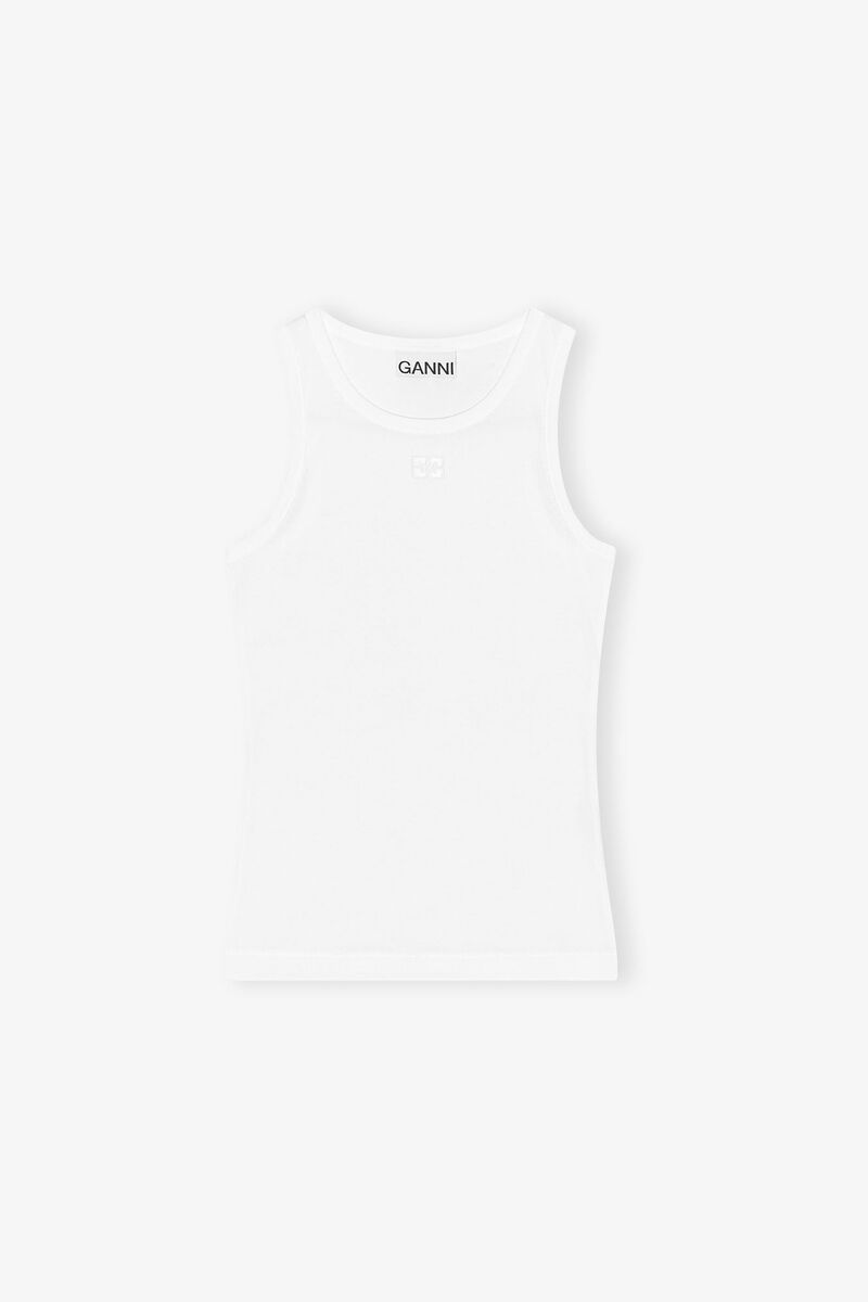 White Soft Cotton Rib Tank Top, Elastane, in colour Bright White - 1 - GANNI