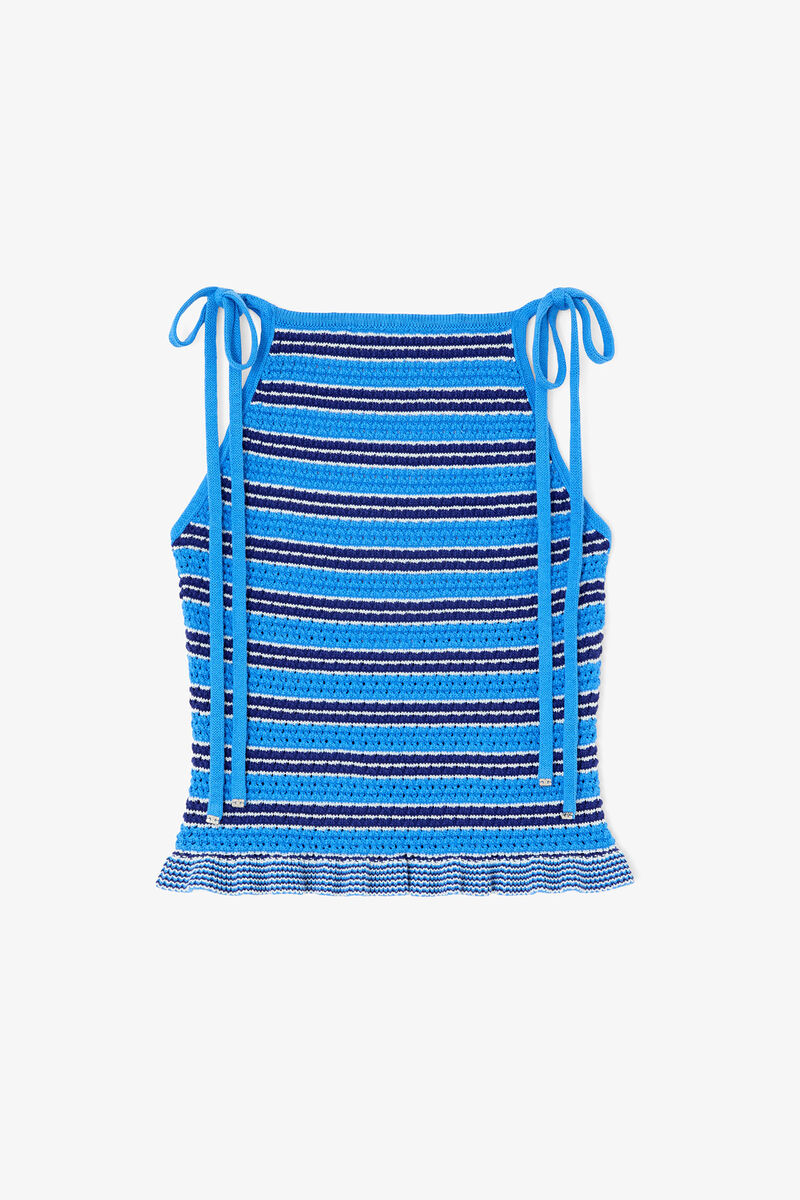 Top in Striped Pointelle, Organic Cotton, in colour Marina - 1 - GANNI