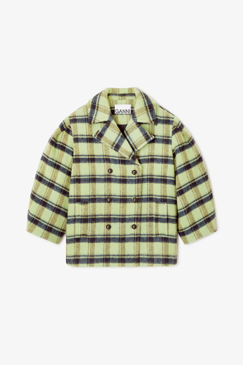 Brushed Wool Check Midi Coat, Wool, in colour Lime Sherbet - 1 - GANNI