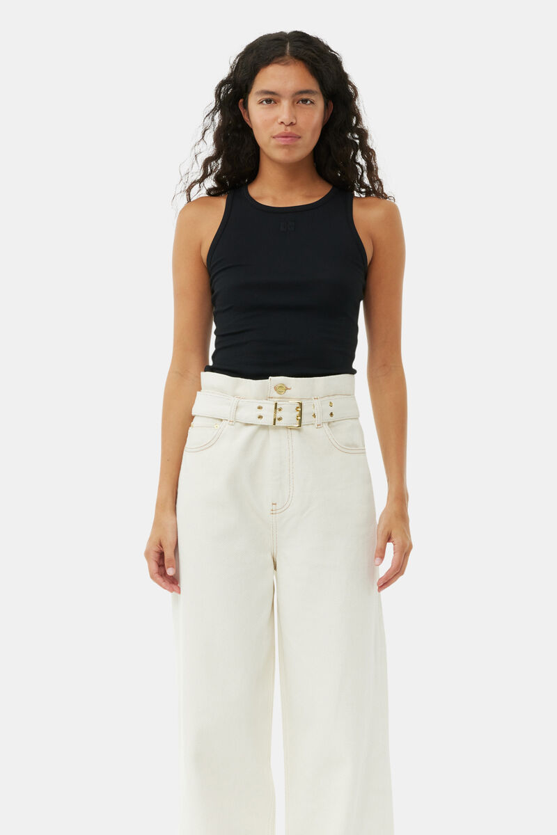 White Heavy Denim Paperbag Jeans, Cotton, in colour Egret - 2 - GANNI