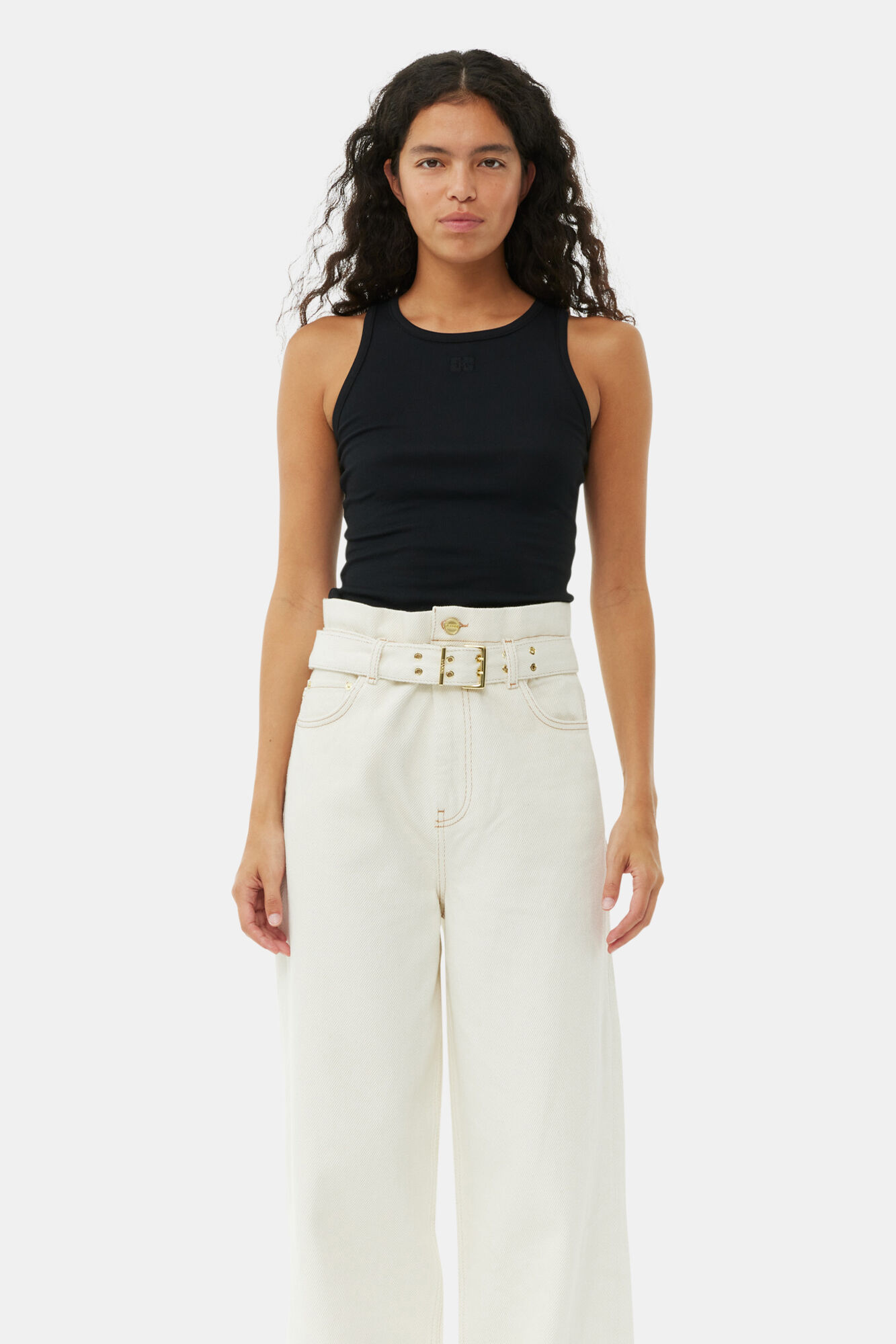 White Heavy Denim Paperbag Jeans, Cotton, in colour Egret - 2 - GANNI