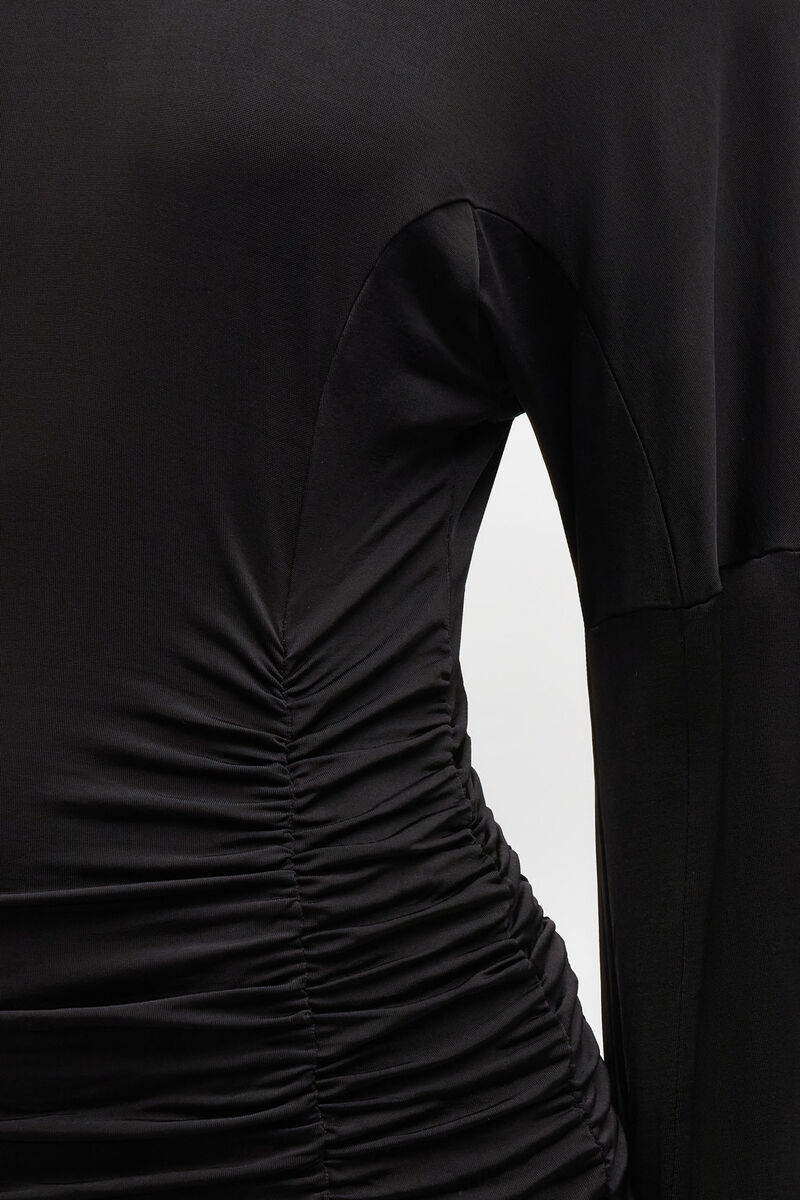 Long Dress in Black Ruched, Viscose, in colour Black - 3 - GANNI