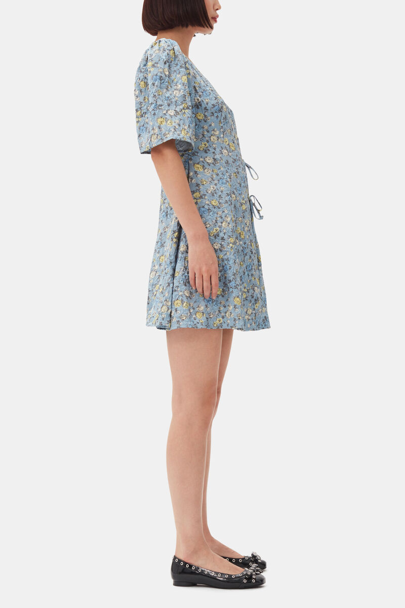 Blue Floral Printed Crinkled Satin Mini Wrap Dress, Recycled Polyester, in colour Dusty Blue - 3 - GANNI