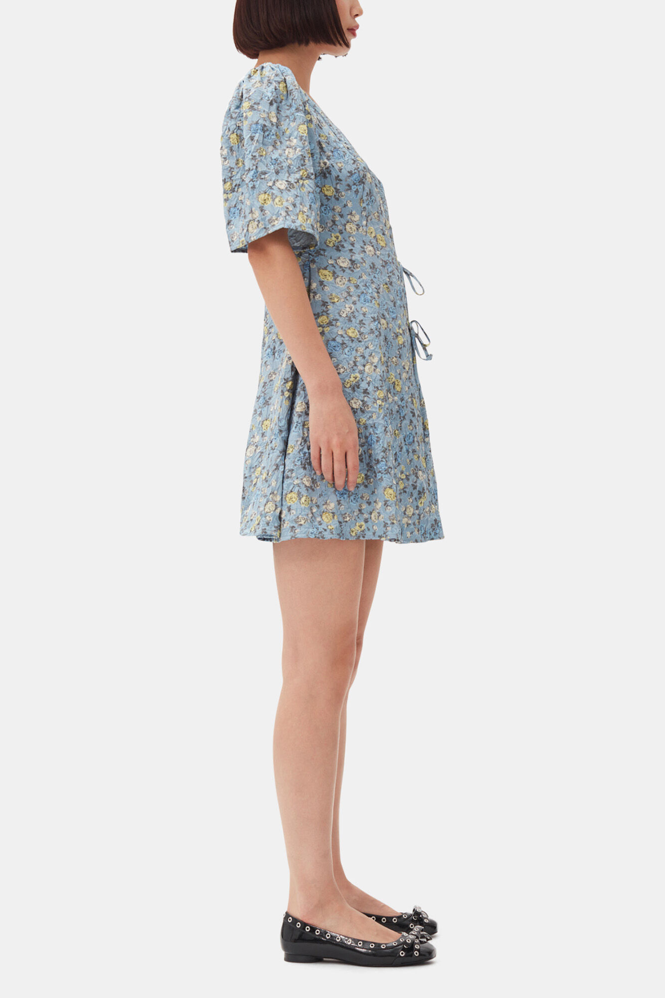 Blue Floral Printed Crinkled Satin Mini Wrap Dress, Recycled Polyester, in colour Dusty Blue - 3 - GANNI