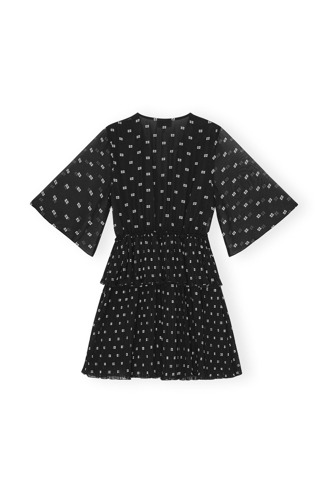 Black Pleated Georgette V-neck Flounce Minikjole, Recycled Polyester, in colour Black - 2 - GANNI