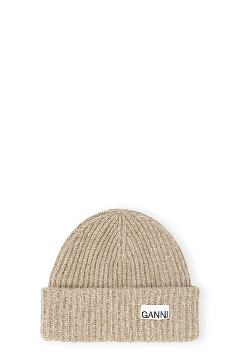 Oversized Wool Beanie, Recycled Polyamide, in colour Petrified Oak - 1 - GANNI