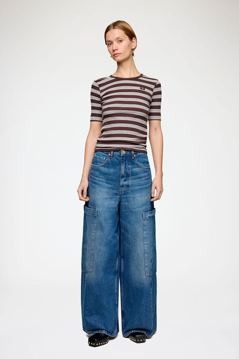 Baggy Wide Jeans in Rigid Denim, Organic Cotton, in colour Mid Blue Stone - 1 - GANNI