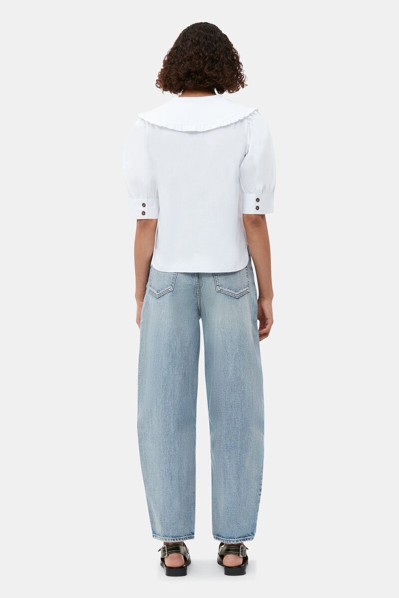 White Cotton Poplin V-neck Ruffle Blouse, Organic Cotton, in colour Bright White - 4 - GANNI