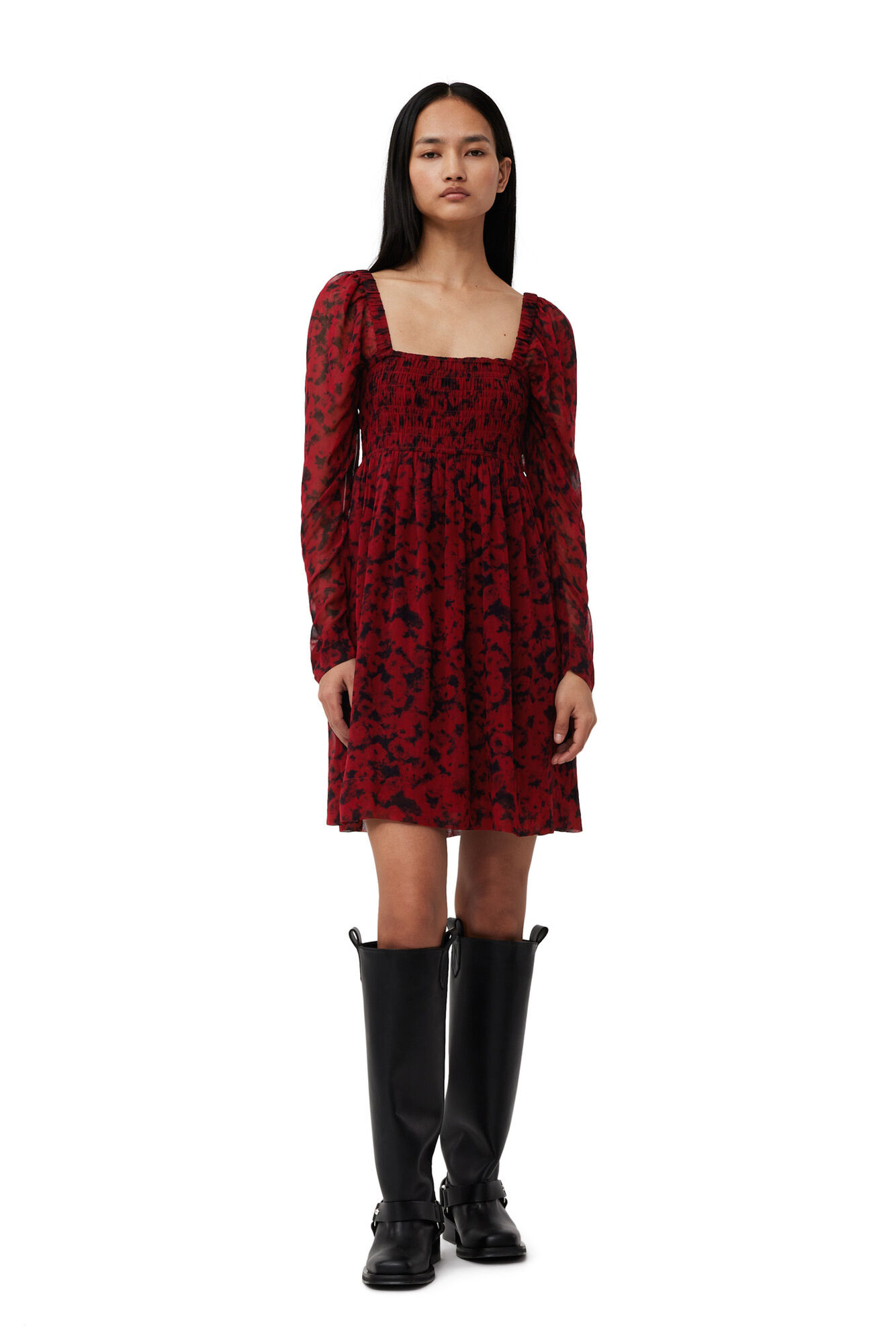 Red Printed Georgette Mini Dress, Viscose, in colour Syrah - 1 - GANNI