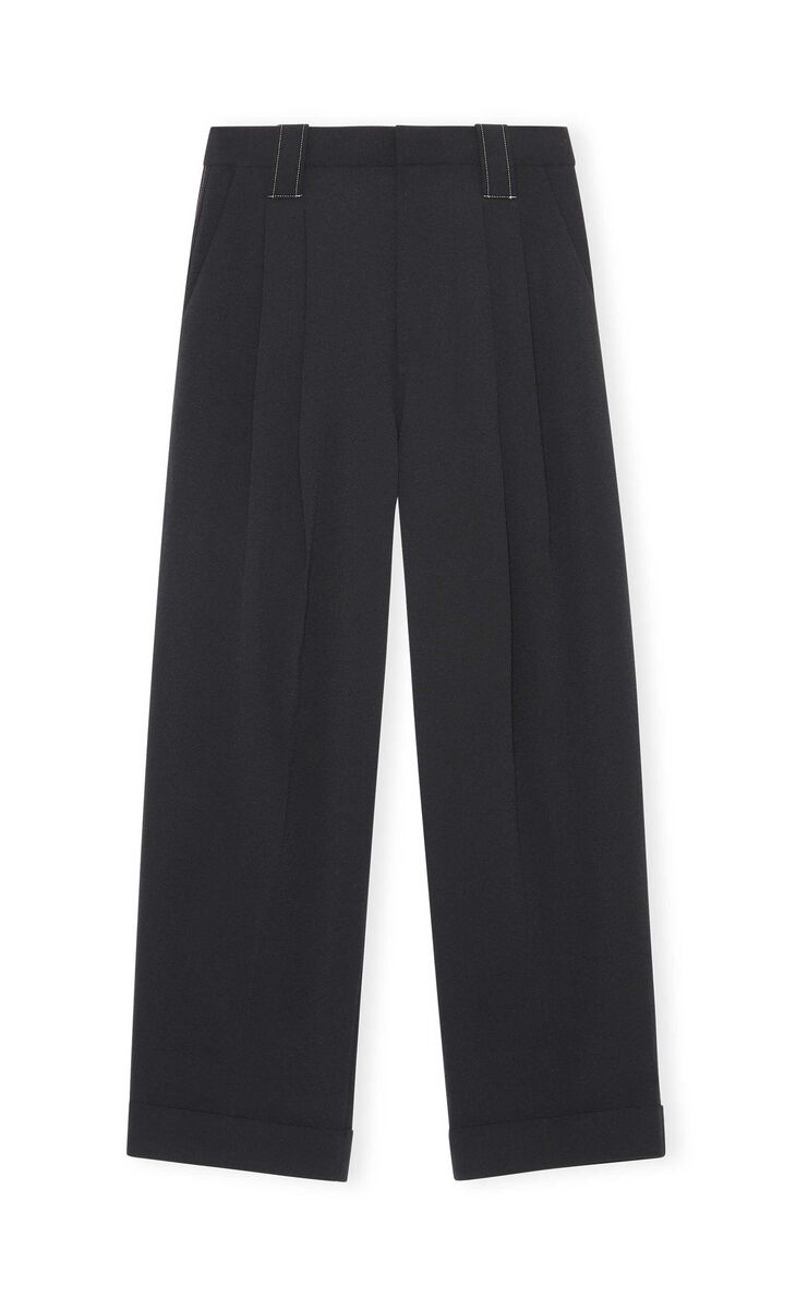 Heavy Crepe Loose Fit Mid Waist Pleat Pants, Elastane, in colour Black - 1 - GANNI