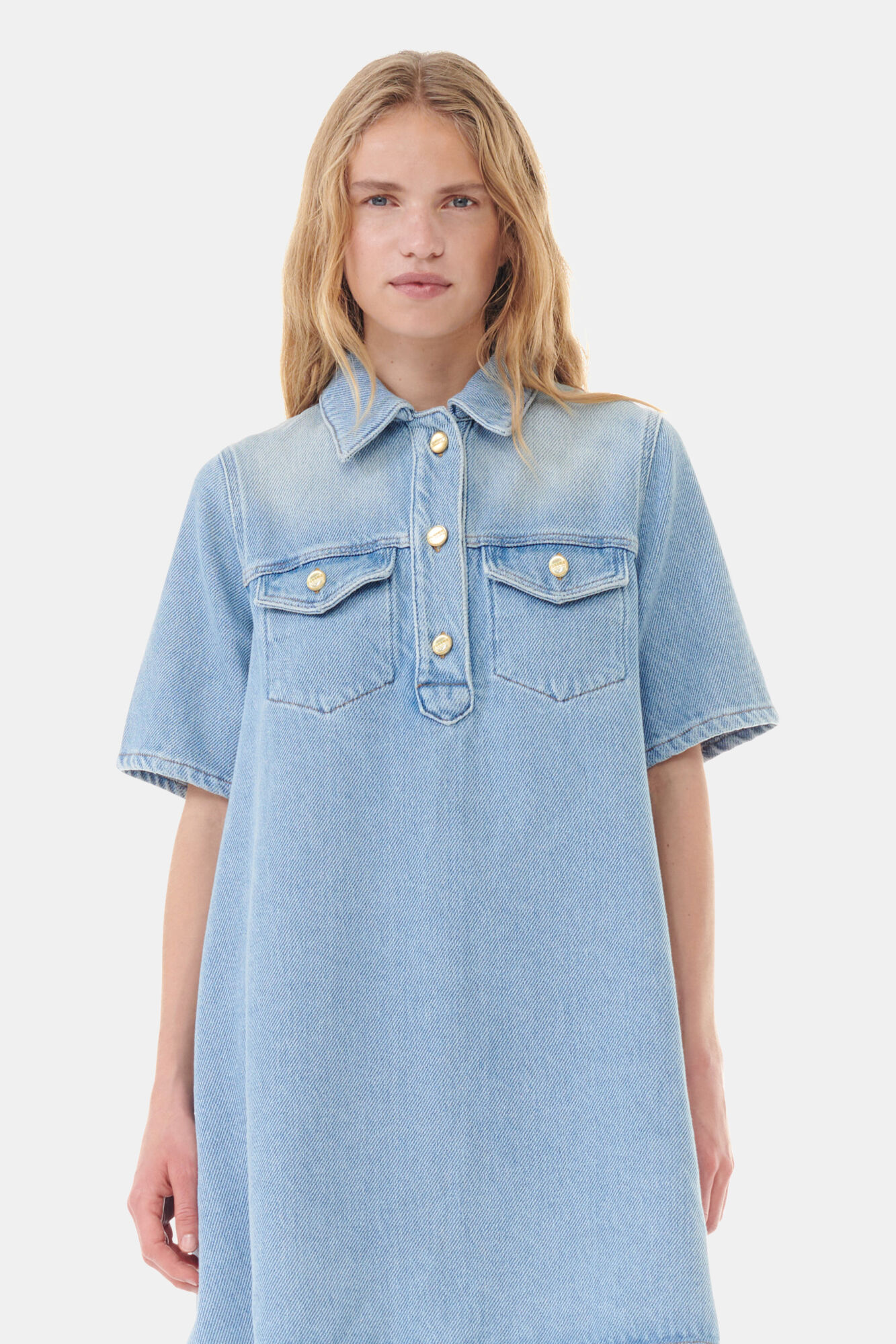Light Blue Denim Mini Dress, Cotton, in colour Tint Wash - 2 - GANNI